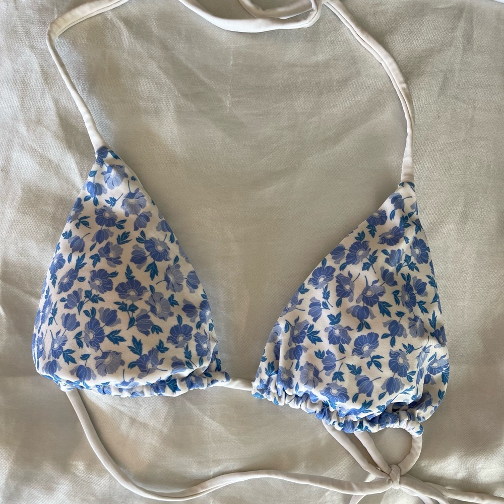 padded blue floral white triangle string bikini top small soft